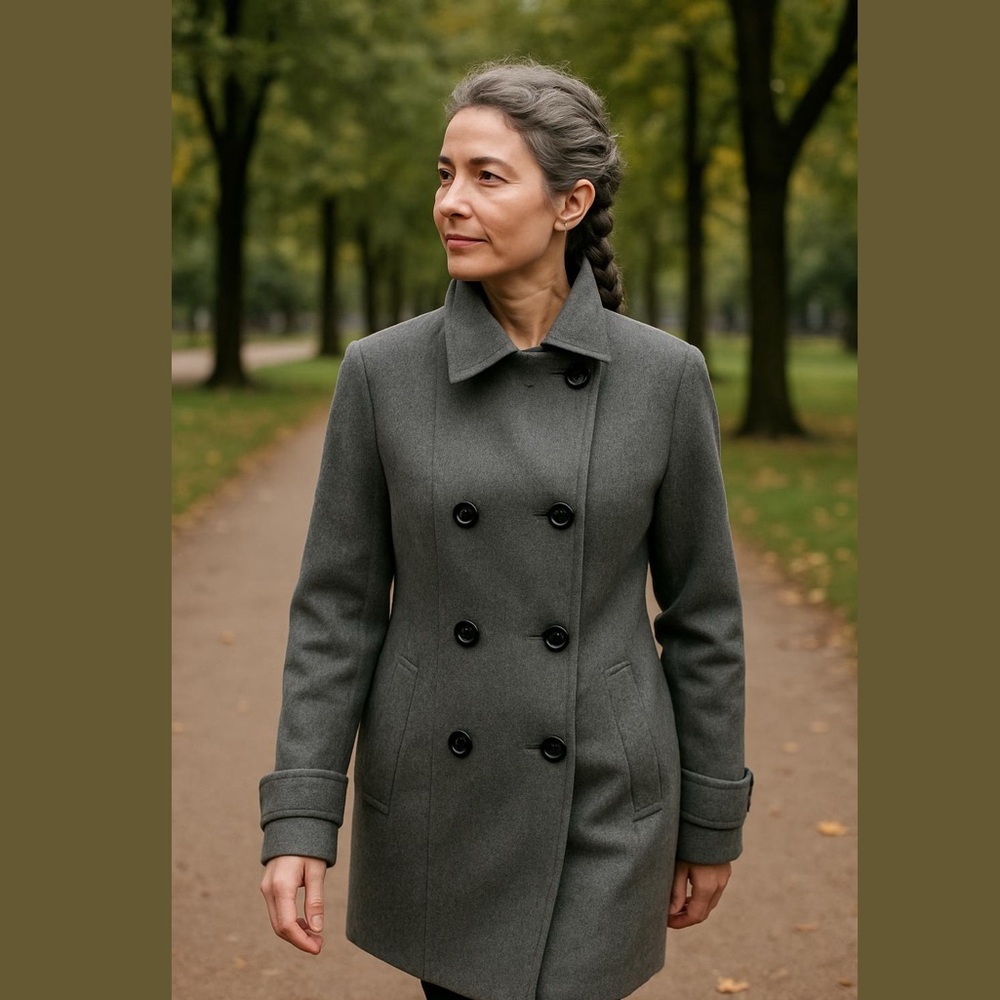 VTG ANNE KLEIN WOOL BLEND GRAY CLASSIC DOUBLE BREASTED FITTED LONG PEACOAT SZ XL